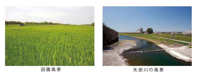 田園風景の写真と矢部川の風景の写真 田園風景の写真と矢部川の風景の写真